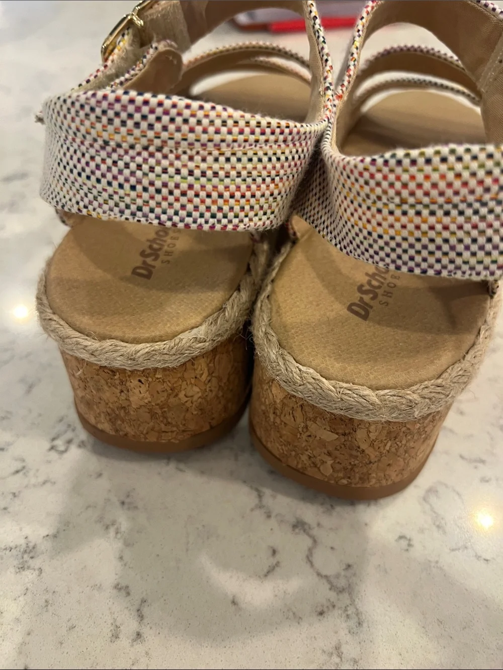 New Dr. Scholl's Multicolor Sparkle Wedge Sandals with Tan Footbed