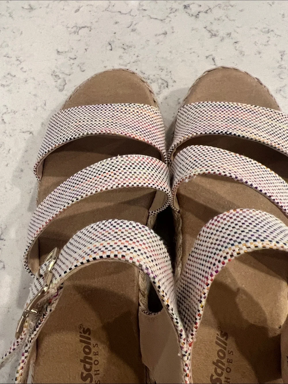 New Dr. Scholl's Multicolor Sparkle Wedge Sandals with Tan Footbed