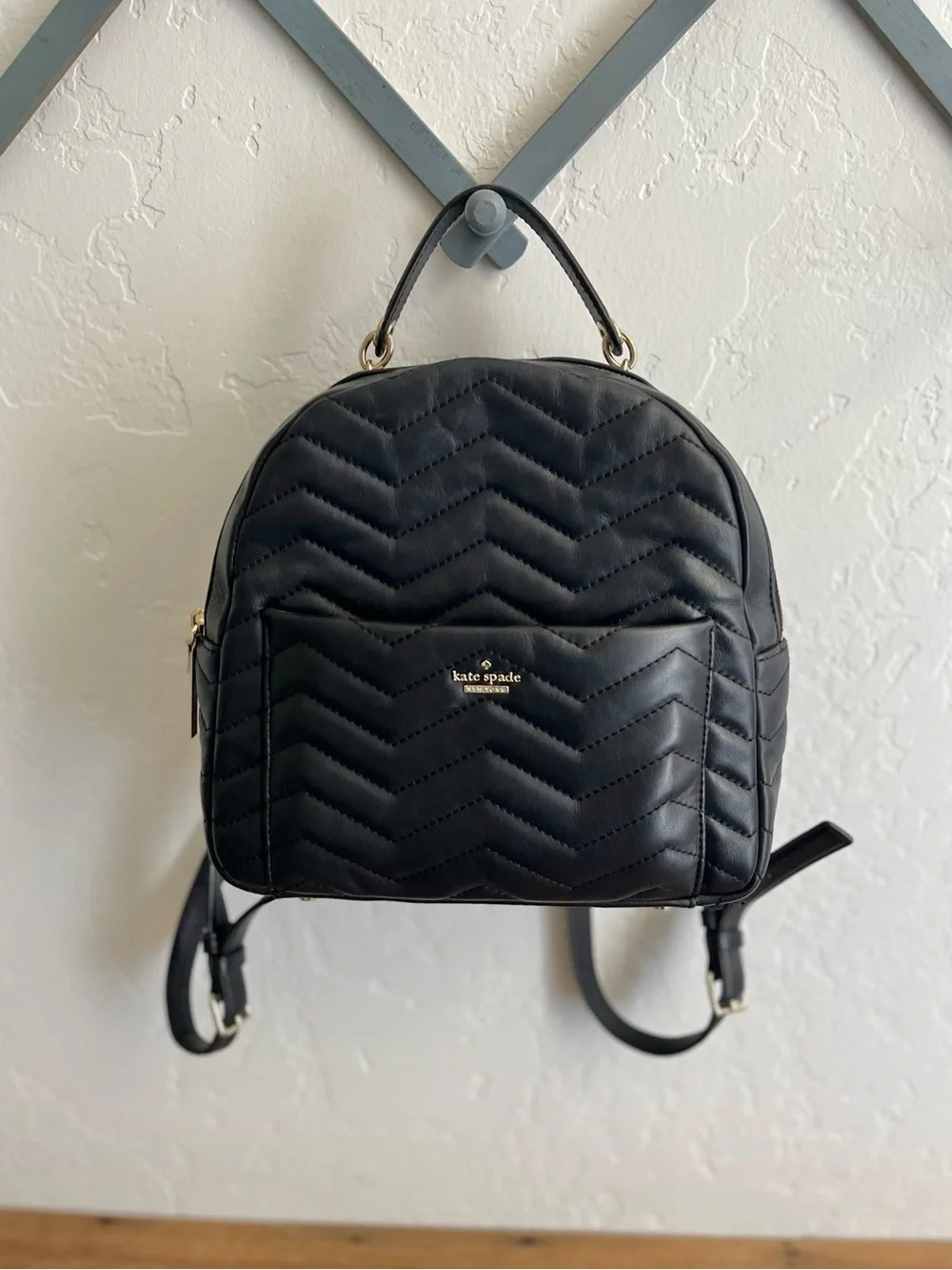 Kate Spade Quilted Black Leather Mini Backpack with Gold Accents