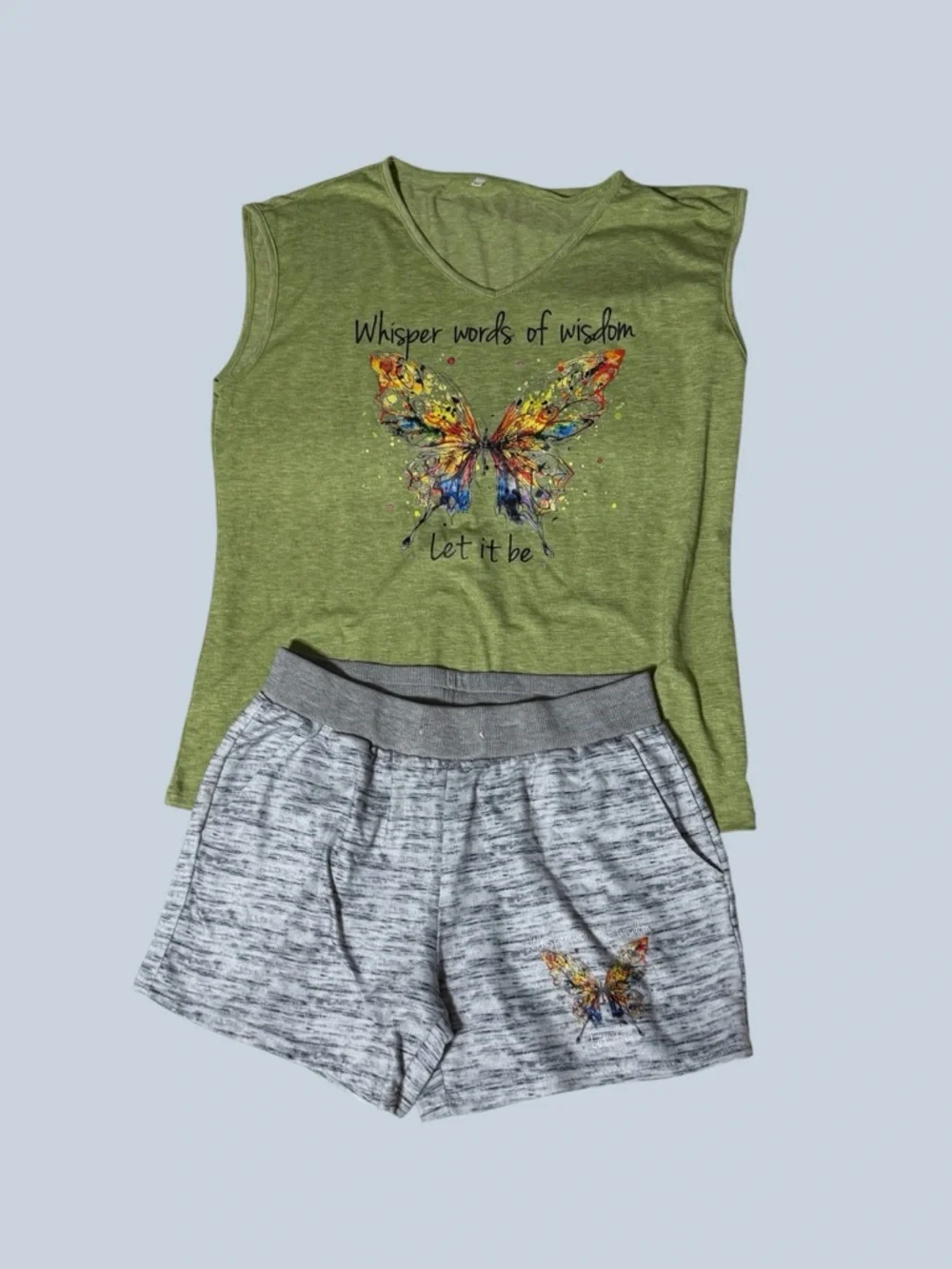 Whisper Words of Wisdom, LET IT BE Green Butterfly Top and Gray Shorts Set