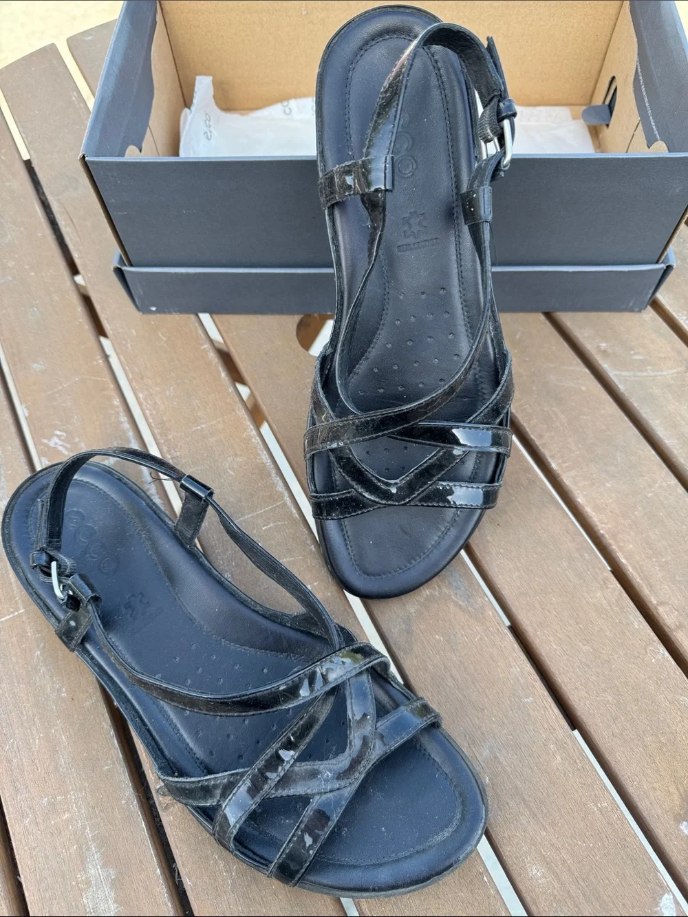 Ecco Black Patent Leather Strappy Slingback Sandals