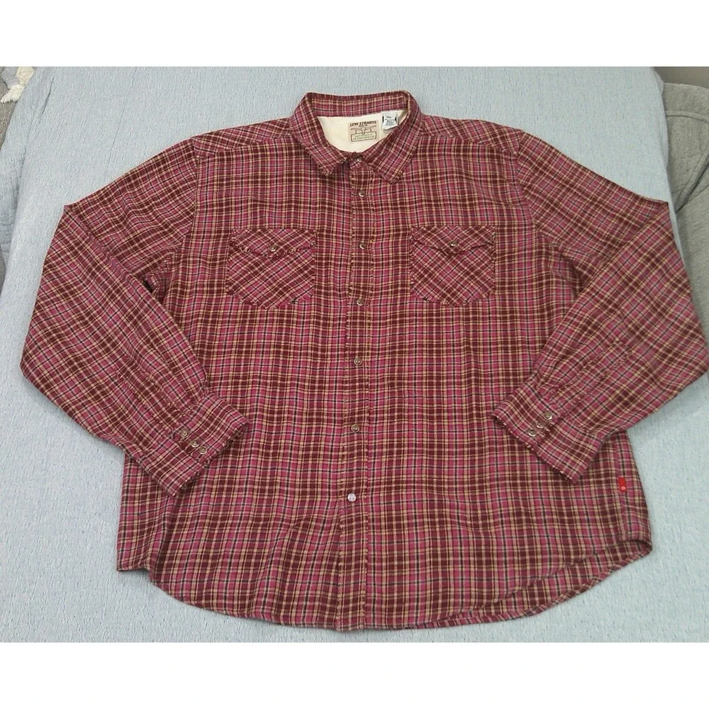 Levis Shirt‎ Mens Size XL Red Plaid Snap Buttons Western Cowboy Long Sleeve