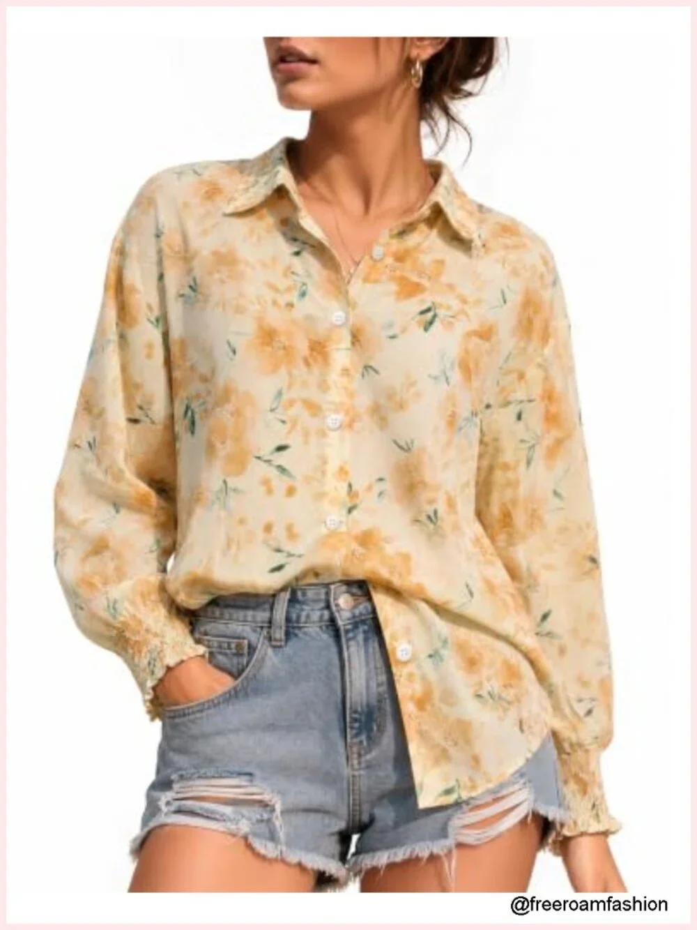 Boho Floral V Neck Button Down Blouse Long Sleeve Smocked Cuffs
