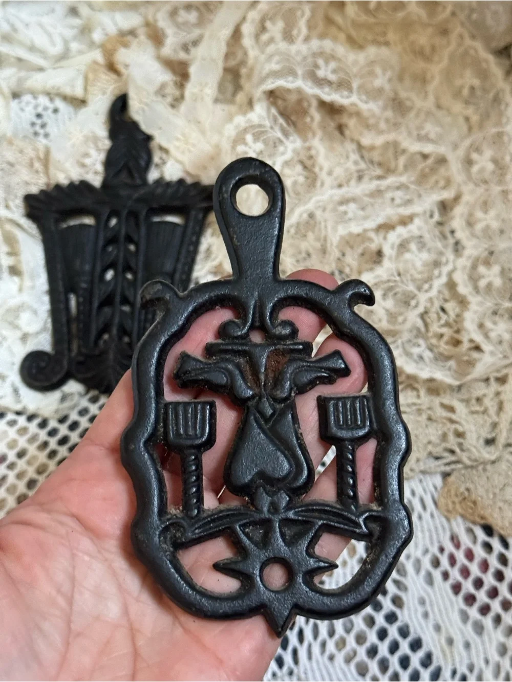 Vintage Black Ornate Cast Iron Trivet Pair