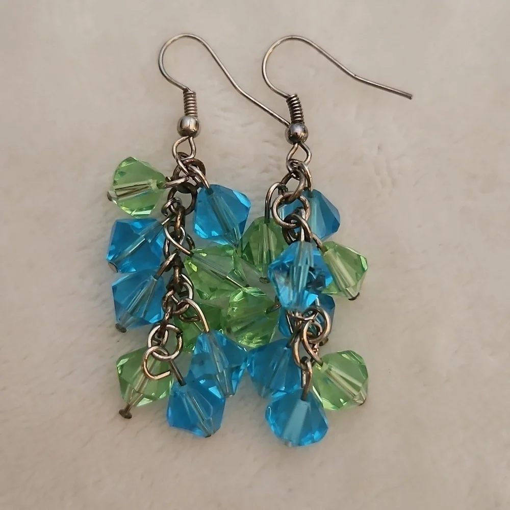 Vintage Elegant Blue and Green Crystal Cluster Dangle Hook Earrings