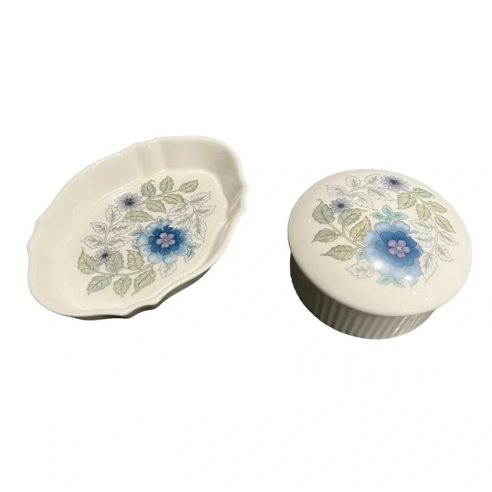 Wedgwood Trinket Tray and Box Dresser Set Clementine Blue Floral Bone China