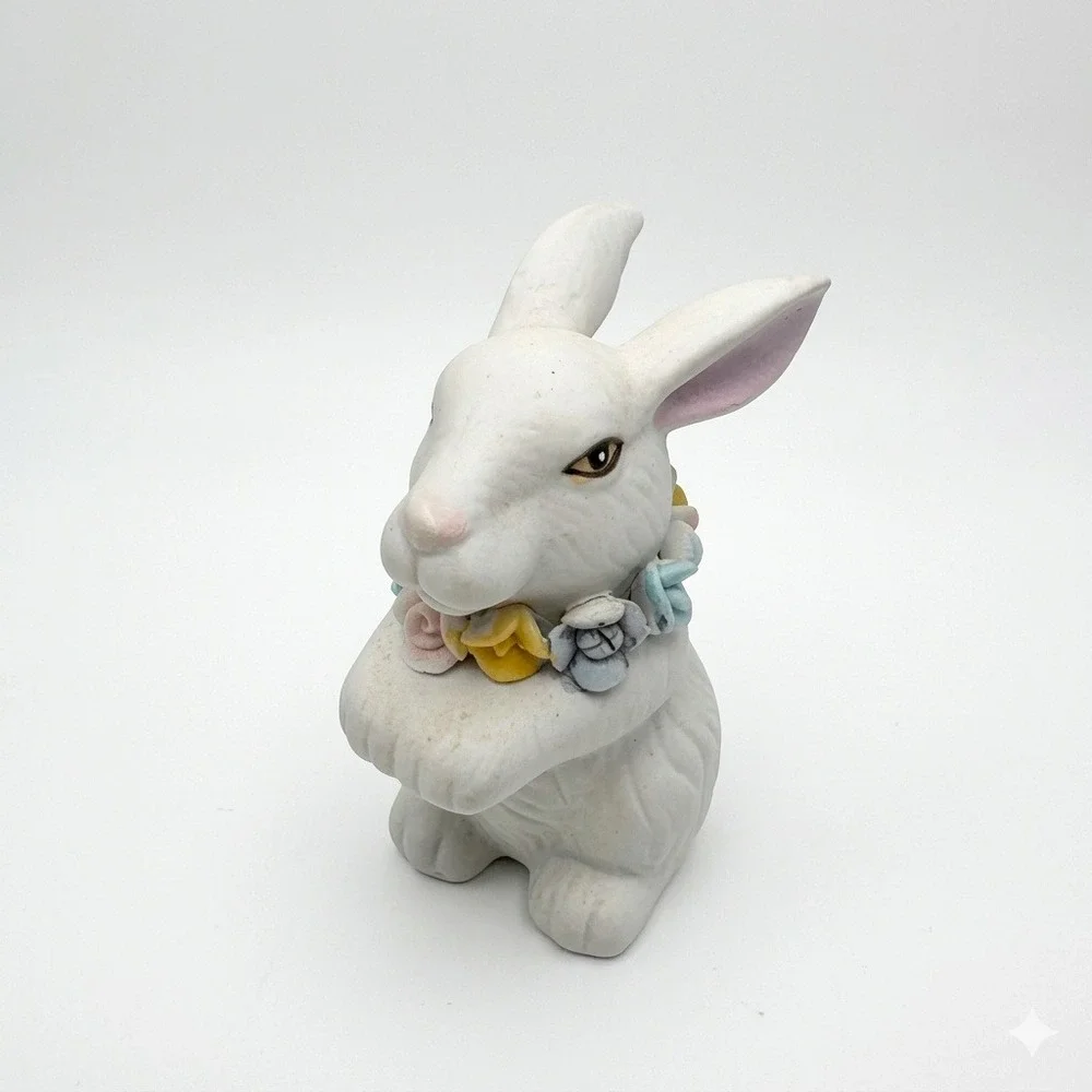 Vintage GOT Ceramic White Rabbit Figurine Flower Garland Collar‎ Easter Decor 4