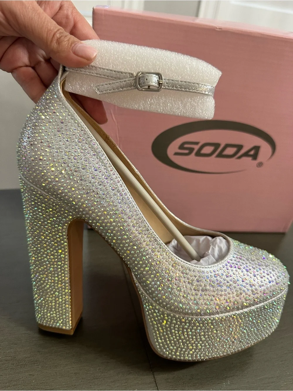 Soda Silver Crystal Platform Mary Jane Heels