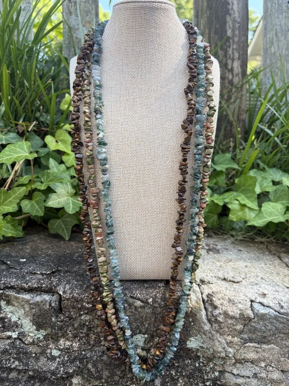Boho Natural Stone Chip Necklace Bundle Tiger's Eye Unakite Moss Agate Long 32