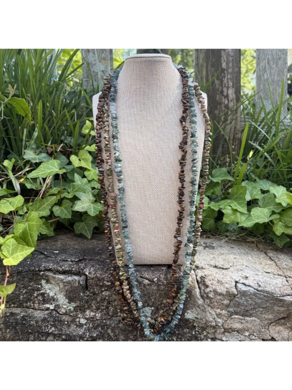 Boho Natural Stone Chip Necklace Bundle Tiger's Eye Unakite Moss Agate Long 32