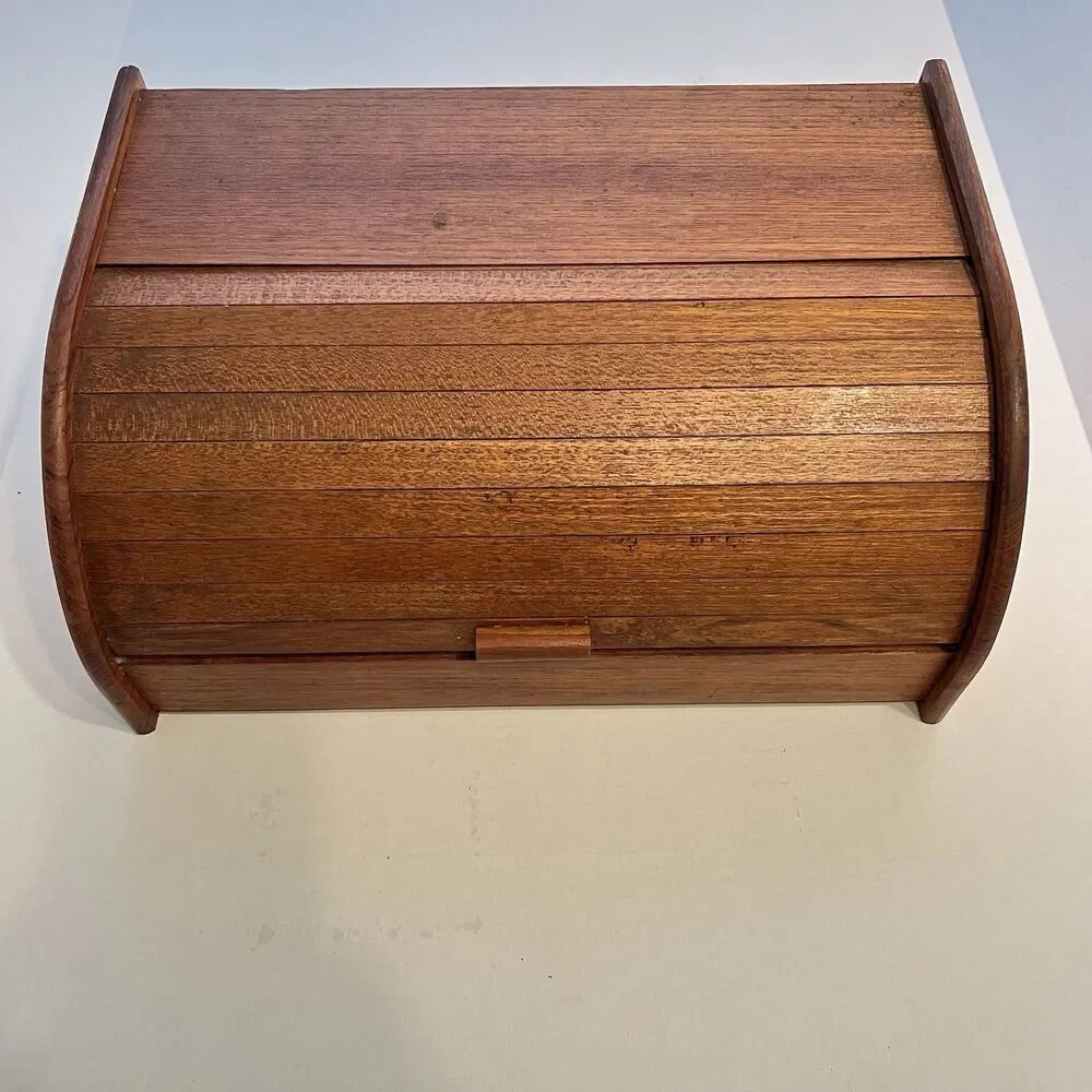 Vintage MCM Teak Tambour Wooden Roll Top Bread Box Baker Heart Stuart