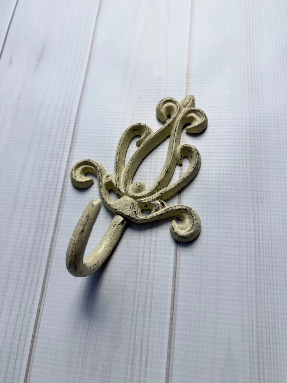 Distressed Cream Cast Iron Scroll Wall Hook French Country Shabby Chic