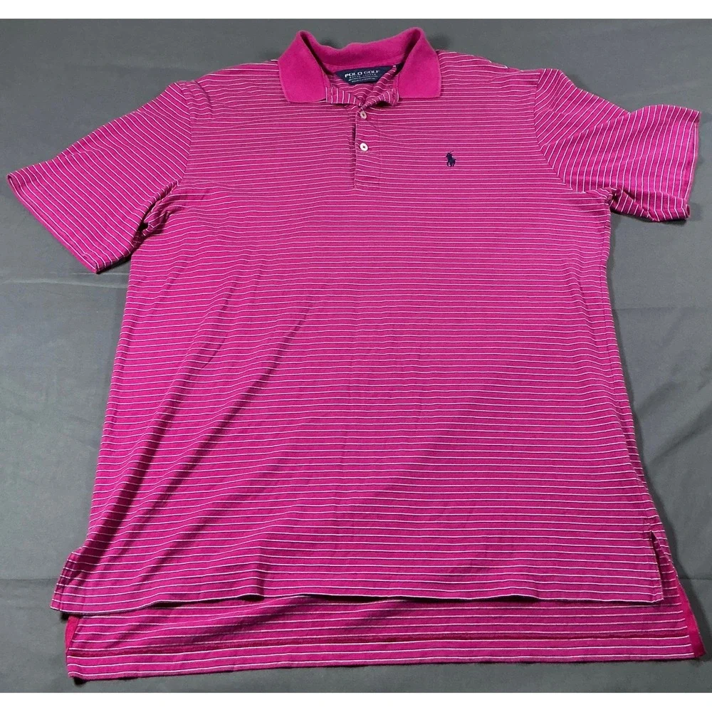 Polo Golf Ralph Lauren Mens L Pink Striped Pima Cotton Short Sleeve Polo Shirt