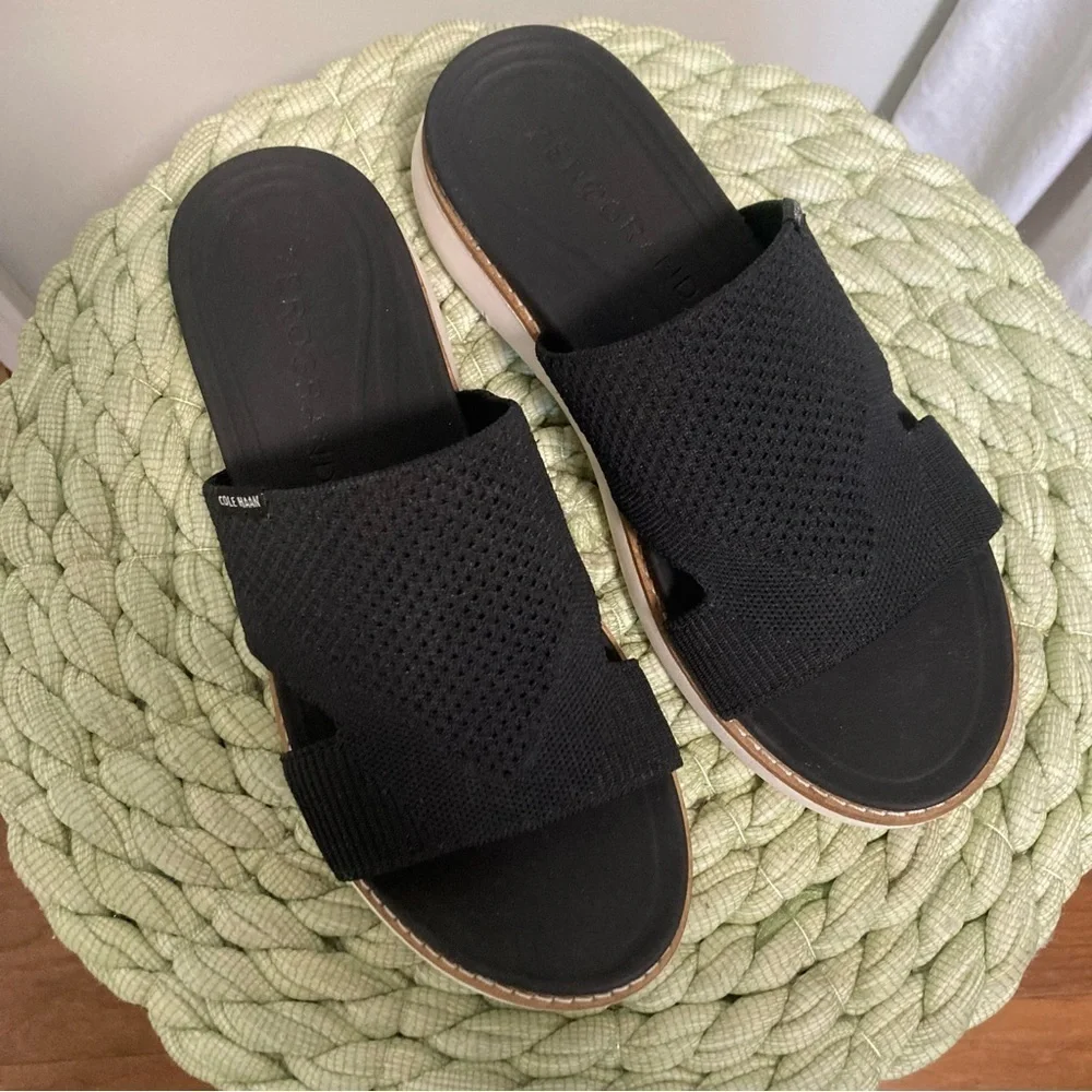 Cole Haan Zerogrand Global Stitchlite Slip On Sandal BLACK Knit/Pecan Leather