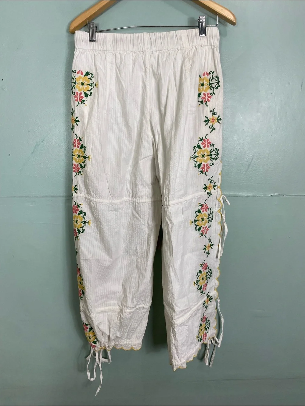 Free‎ People Spring Breeze Tie Pants Embroidered White Floral Medium