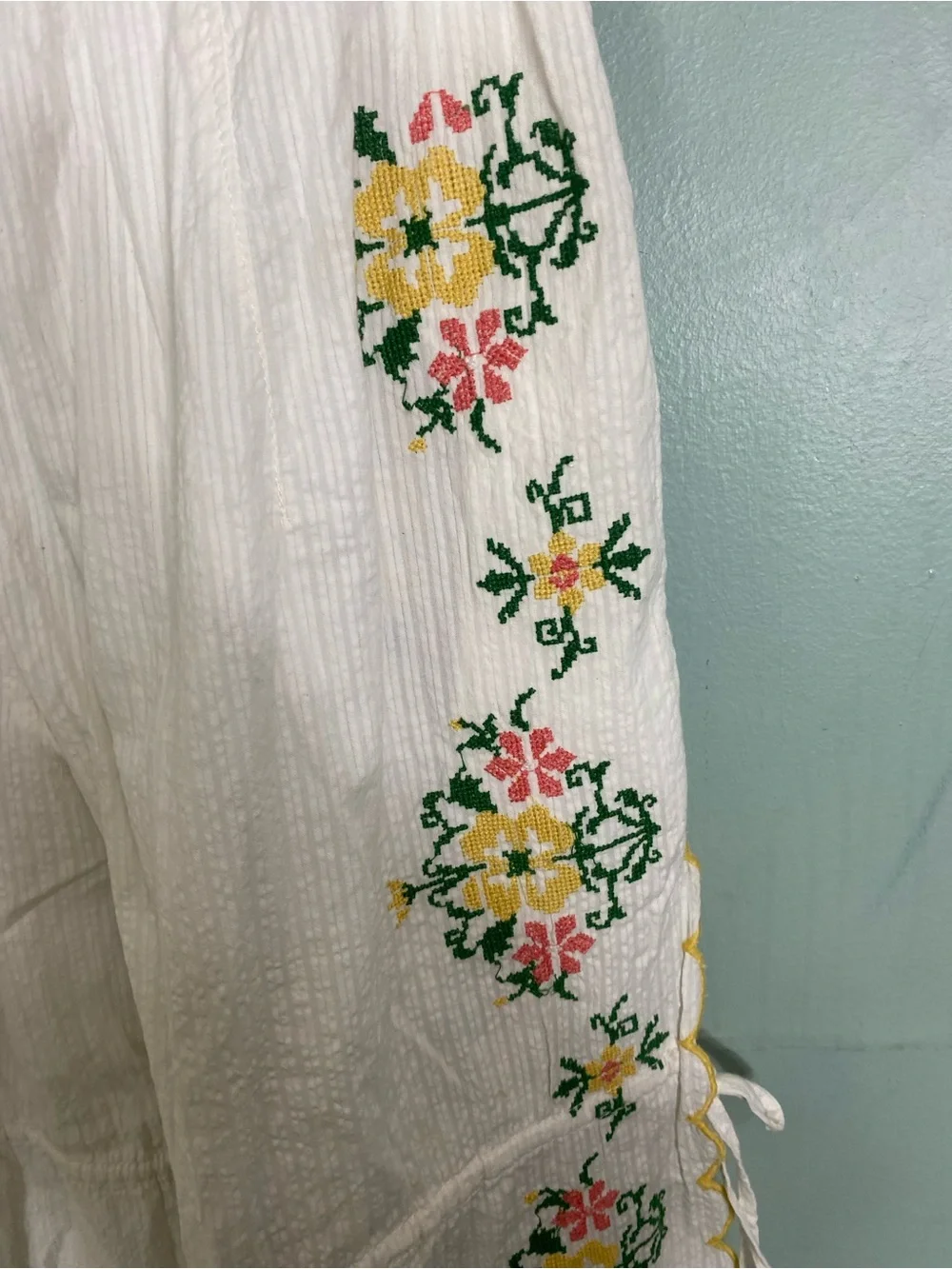 Free‎ People Spring Breeze Tie Pants Embroidered White Floral Medium
