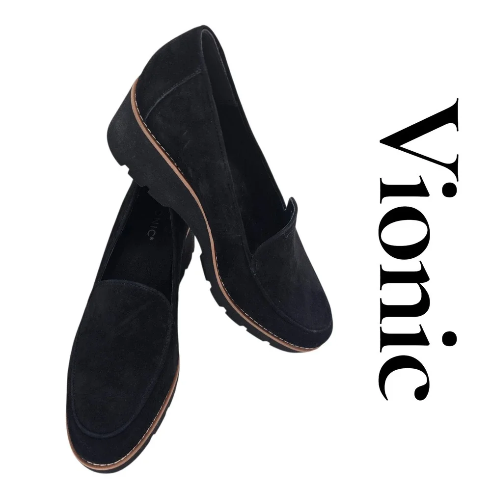Vionic Ava Loafers Women 9.5 Black Suede Platform Wedge Lug Sole Comfort Classic