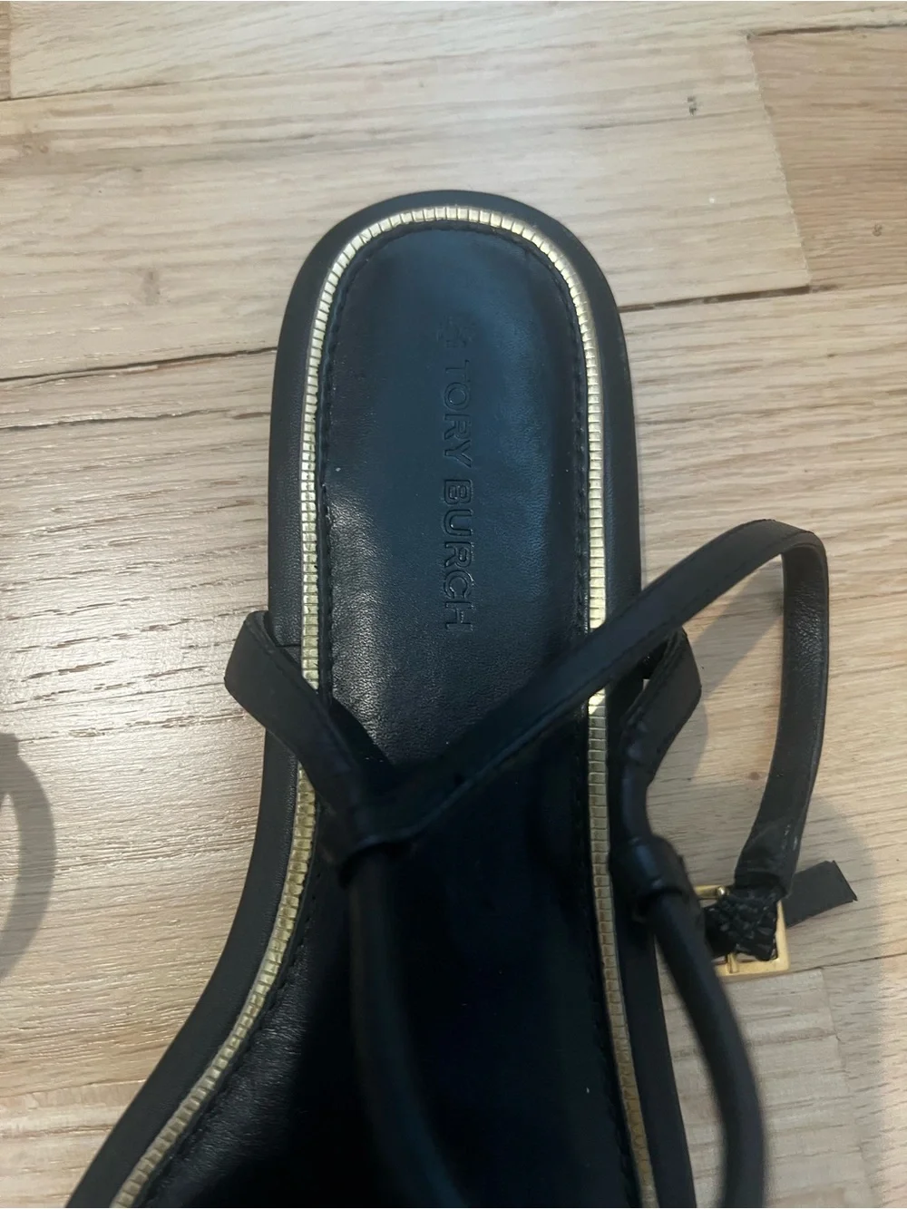 Tory Burch Black Leather Thong Sandals with Gold Logo Accent