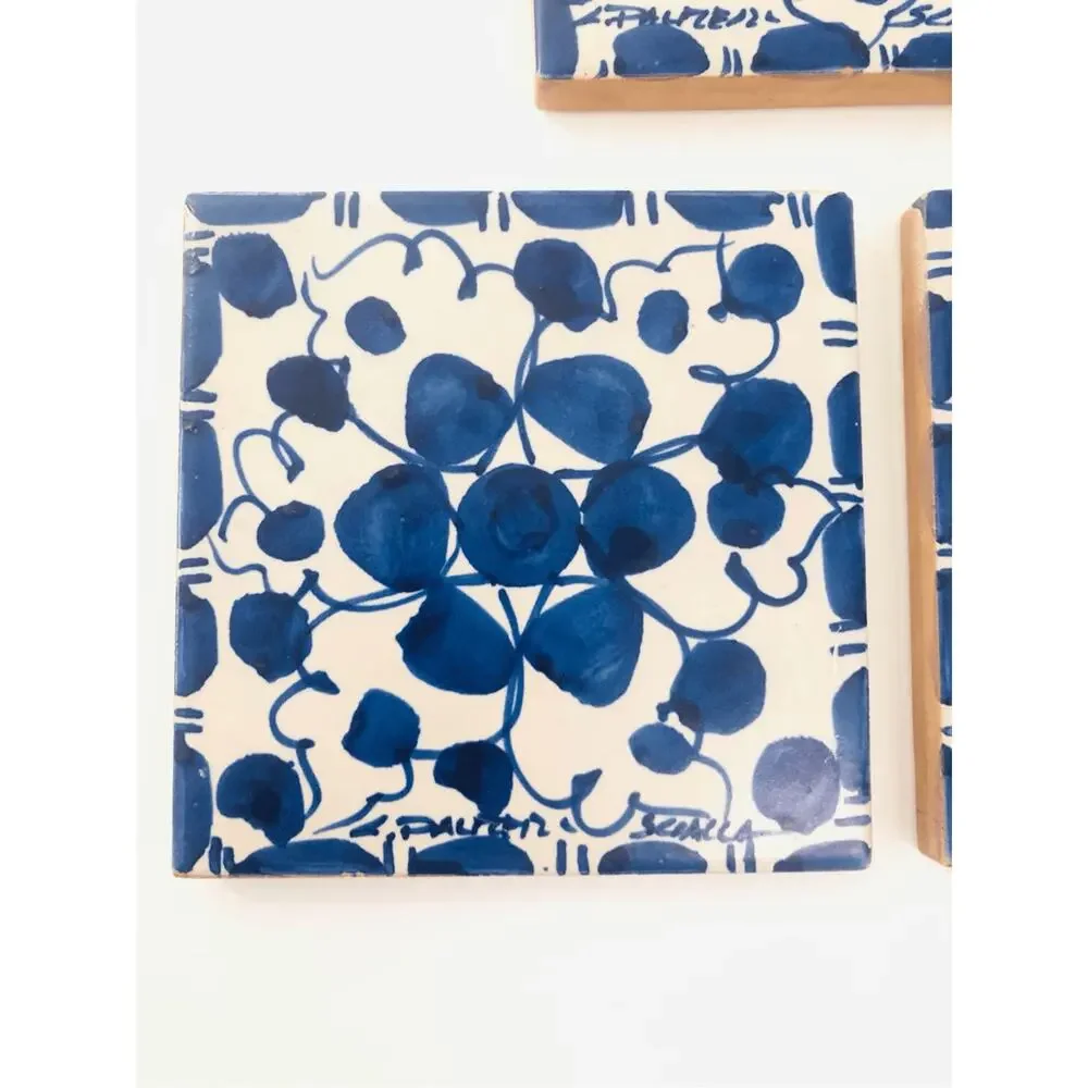 italian tiles set of 3 blue and white 4 inch squares collectible‎ signed