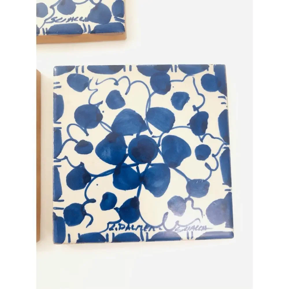 italian tiles set of 3 blue and white 4 inch squares collectible‎ signed