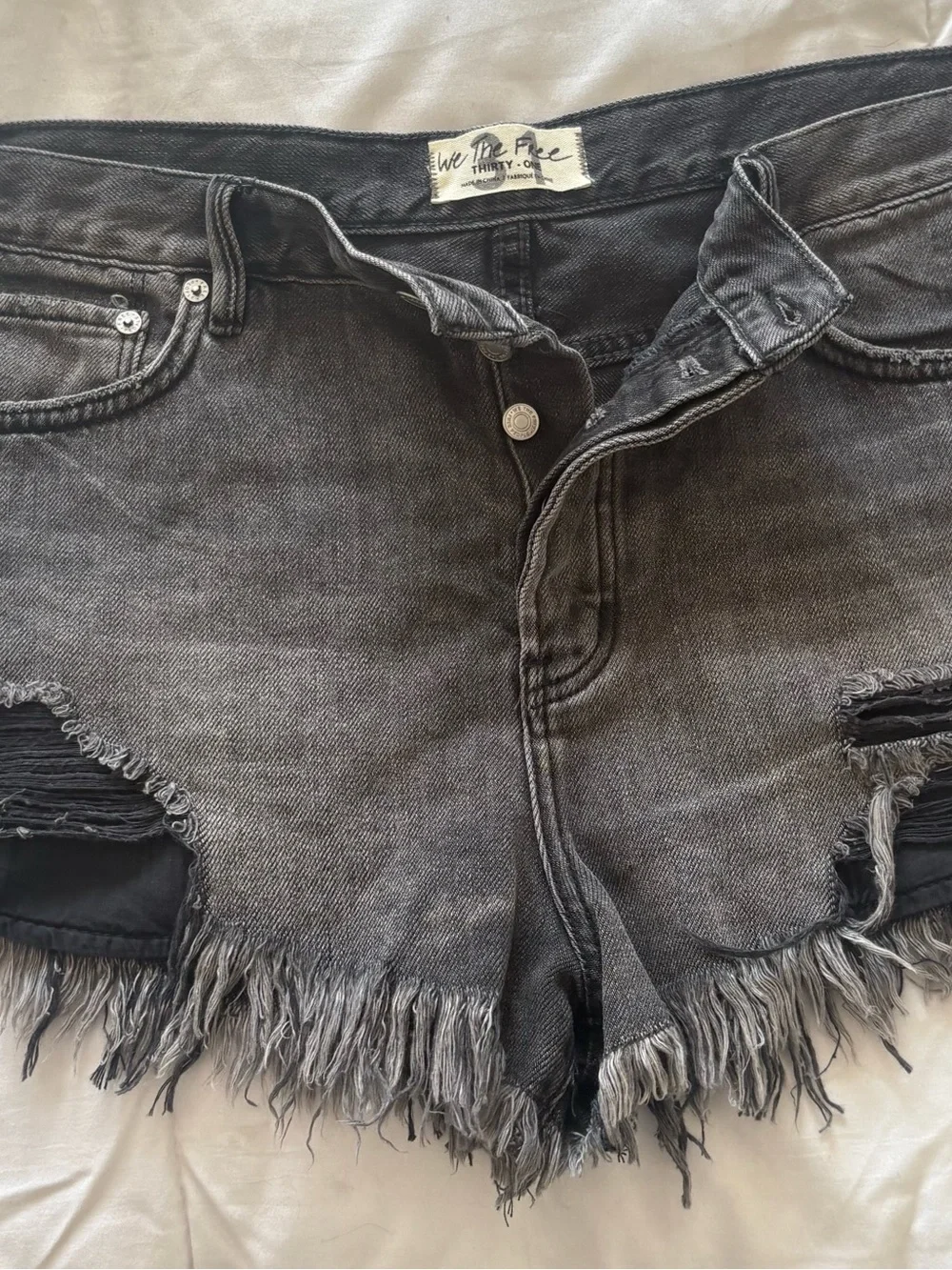 Free People Washed Black Frayed Hem Distressed Denim Shorts