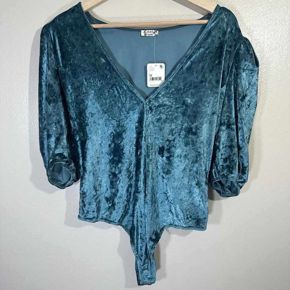 Free People Women's M Don't You‎ Wish Bodysuit Top Teal Velvet Deep V Neck NEW