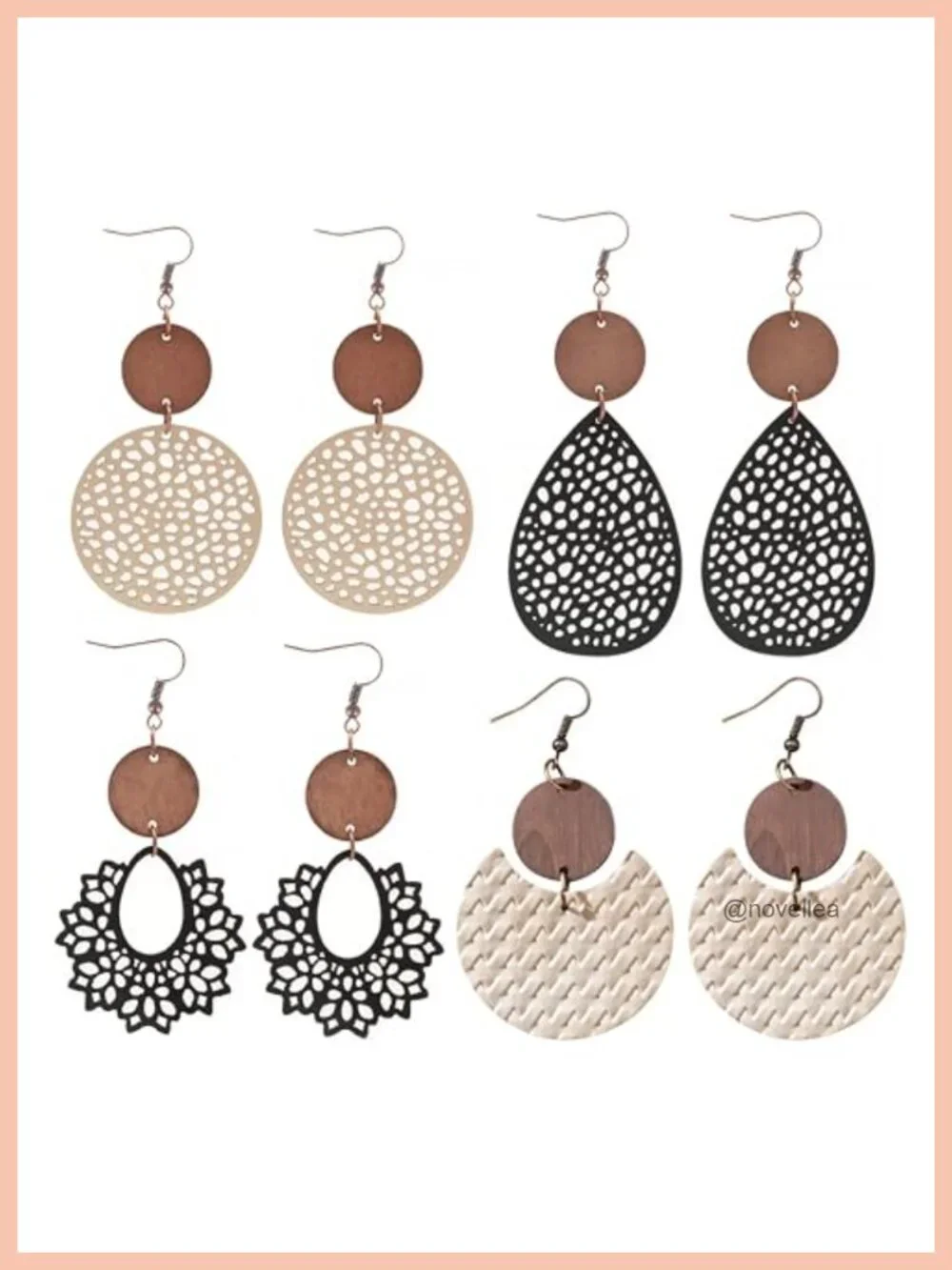 4 Pairs Wooden Dangle Earrings Boho Teardrop Hollow Geometric Drop Earrings Set