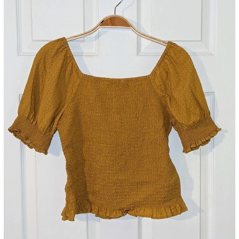 Madewell‎ Smocked Top Square Neck Puff Sleeve Blouse Yellow Gold XS