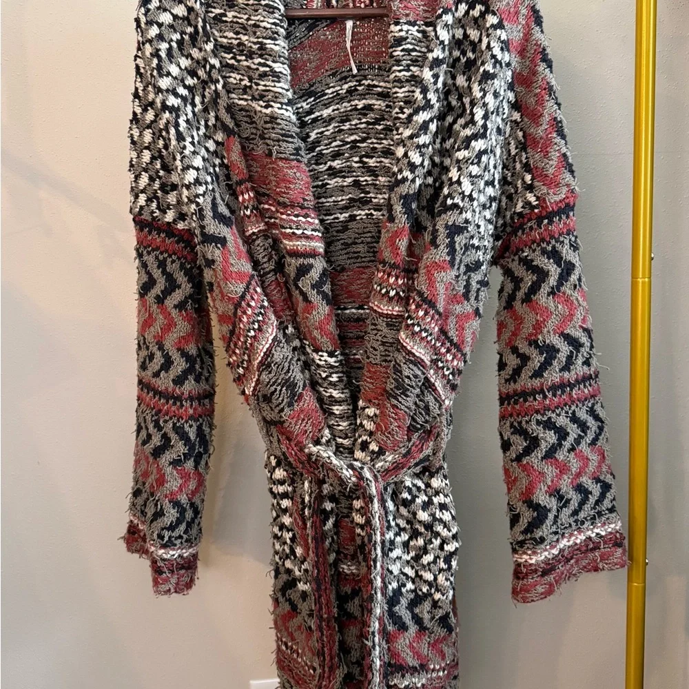 Free People Geometric Hooded Belted Duster Cardigan Boho Knit Size S