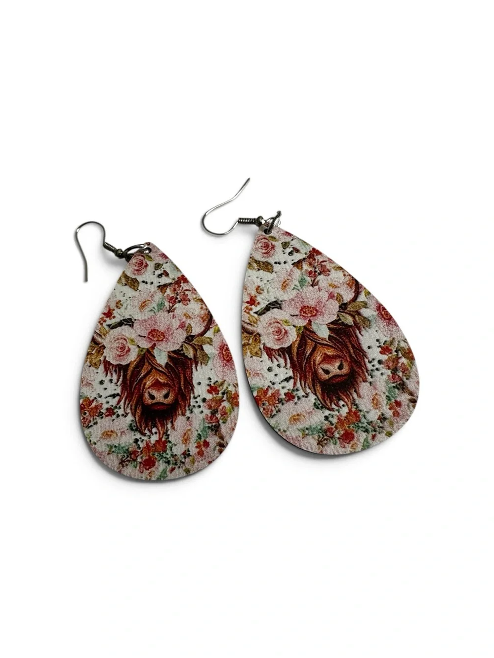 Hand Crafted Floral Highland Cow Teardrop Earrings - White, Pink, Brown