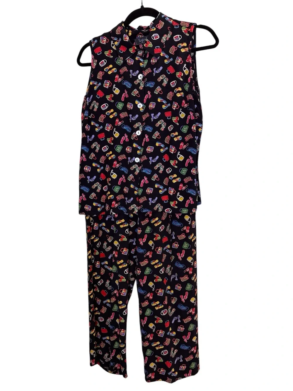 Twyla Blu Women’s 2pc Summer Coord Set Campy Flowy Flip-Flop Handbag Print sz M