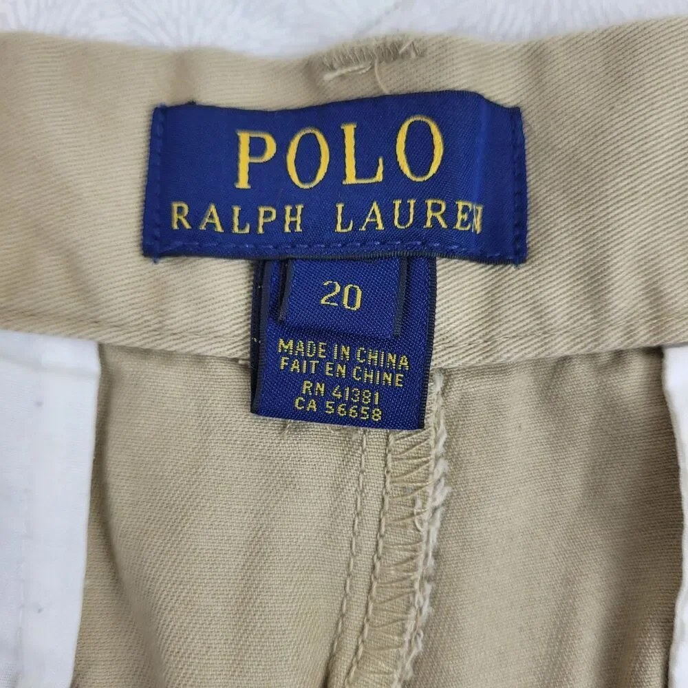 Vtg Polo Ralph Lauren Big Boys Sz 20 Signature Logo Pattern Shorts Tan Navy