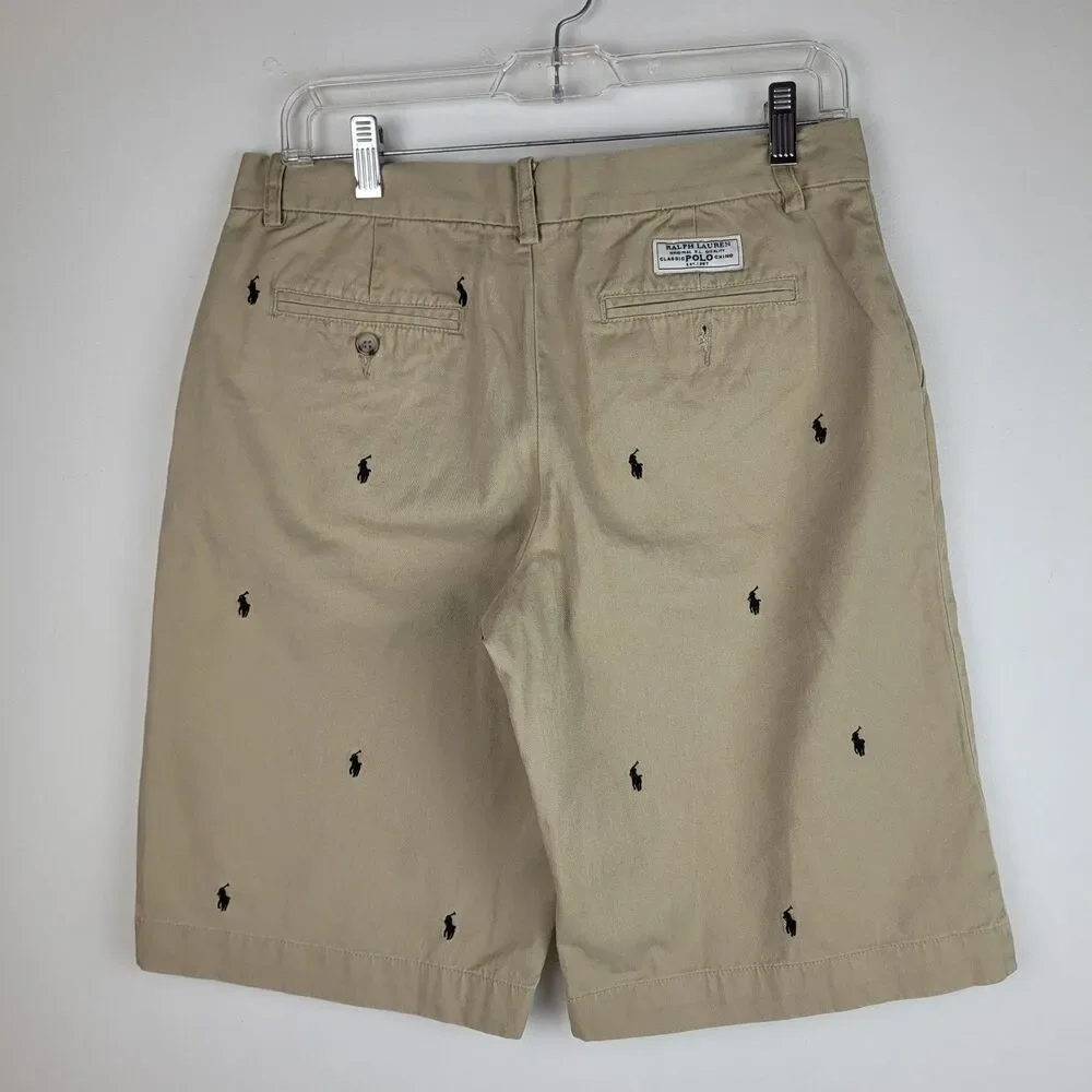 Vtg Polo Ralph Lauren Big Boys Sz 20 Signature Logo Pattern Shorts Tan Navy