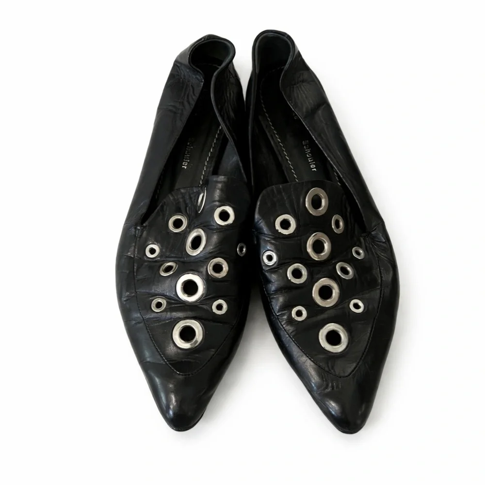 Proenza Schouler Black Leather Grommet Pointed Toe Loafer