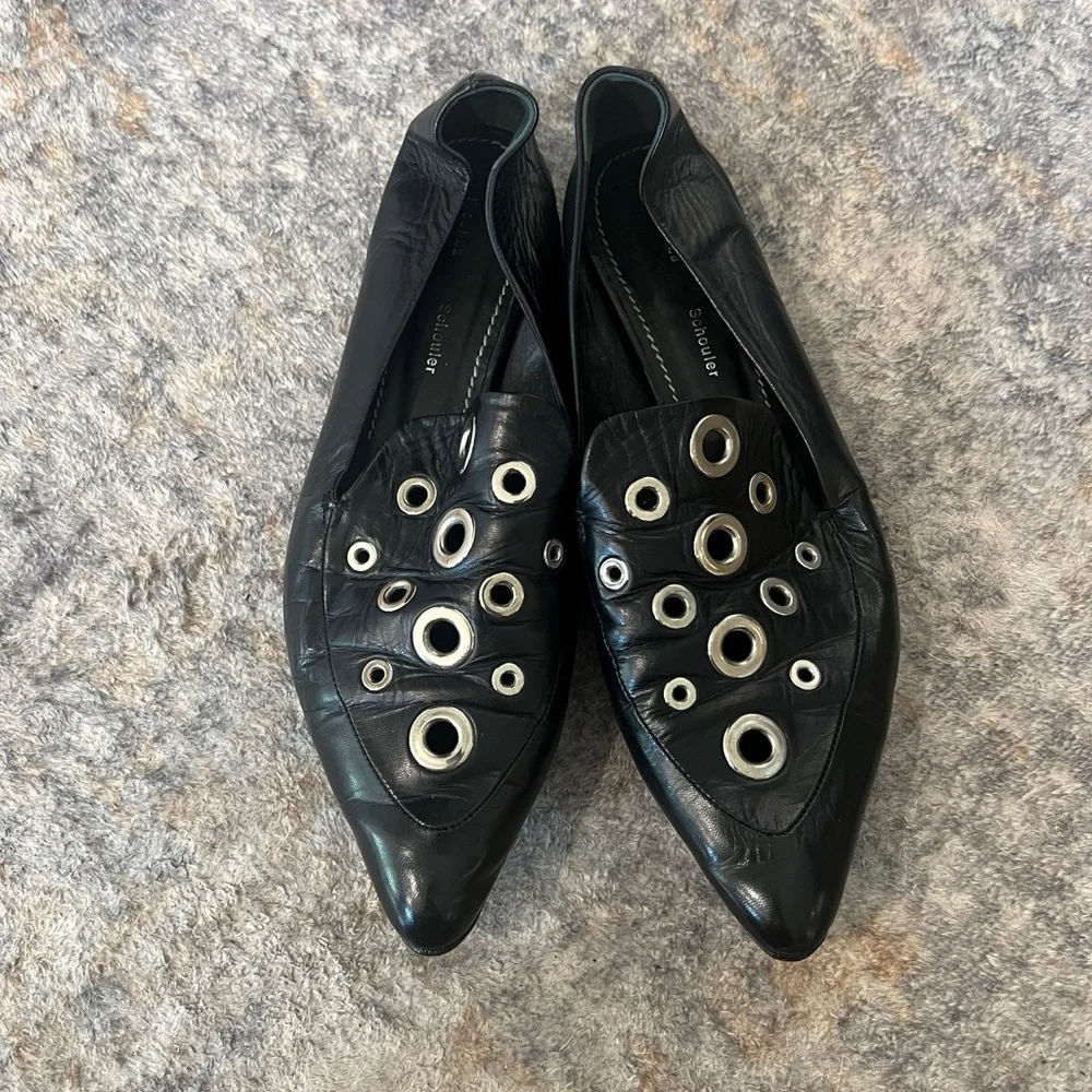 Proenza Schouler Black Leather Grommet Pointed Toe Loafer