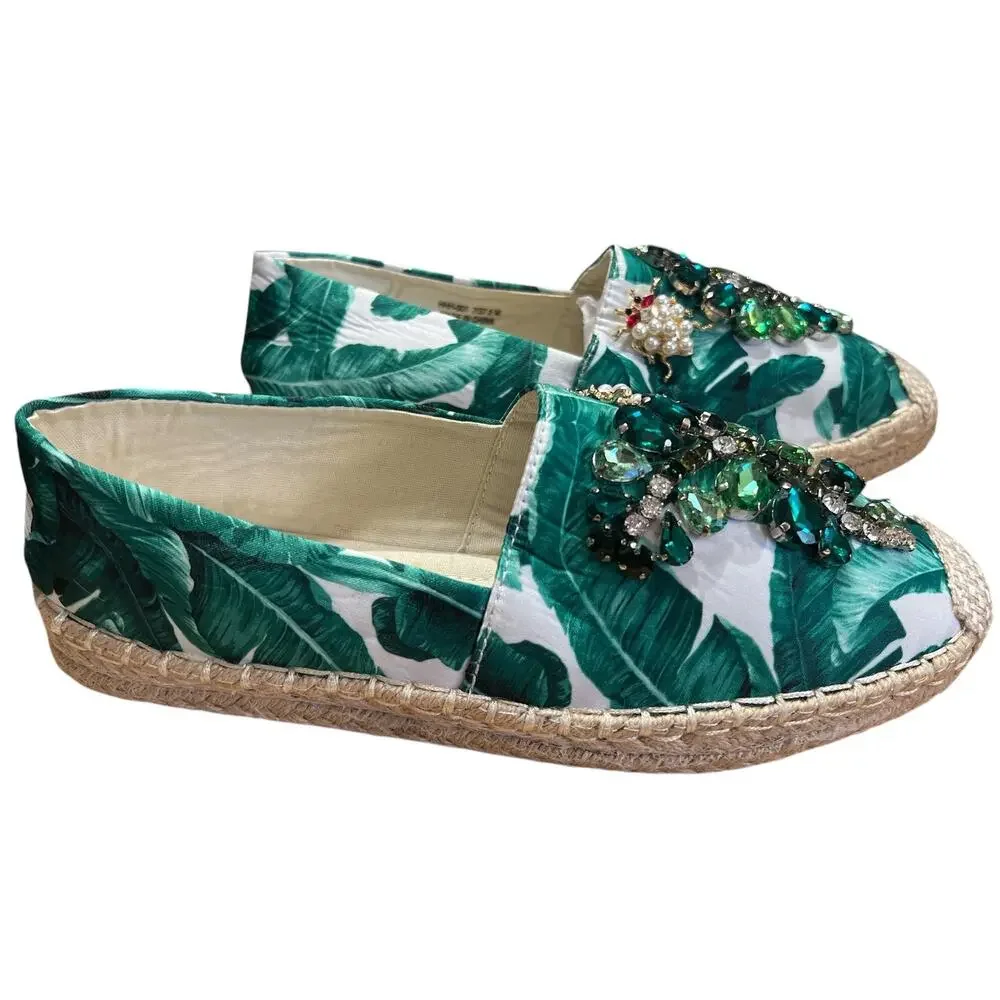 Chinese Laundry Blingy Slip On Espadrilles Sz 7 Green White Resort Tropical Tiki