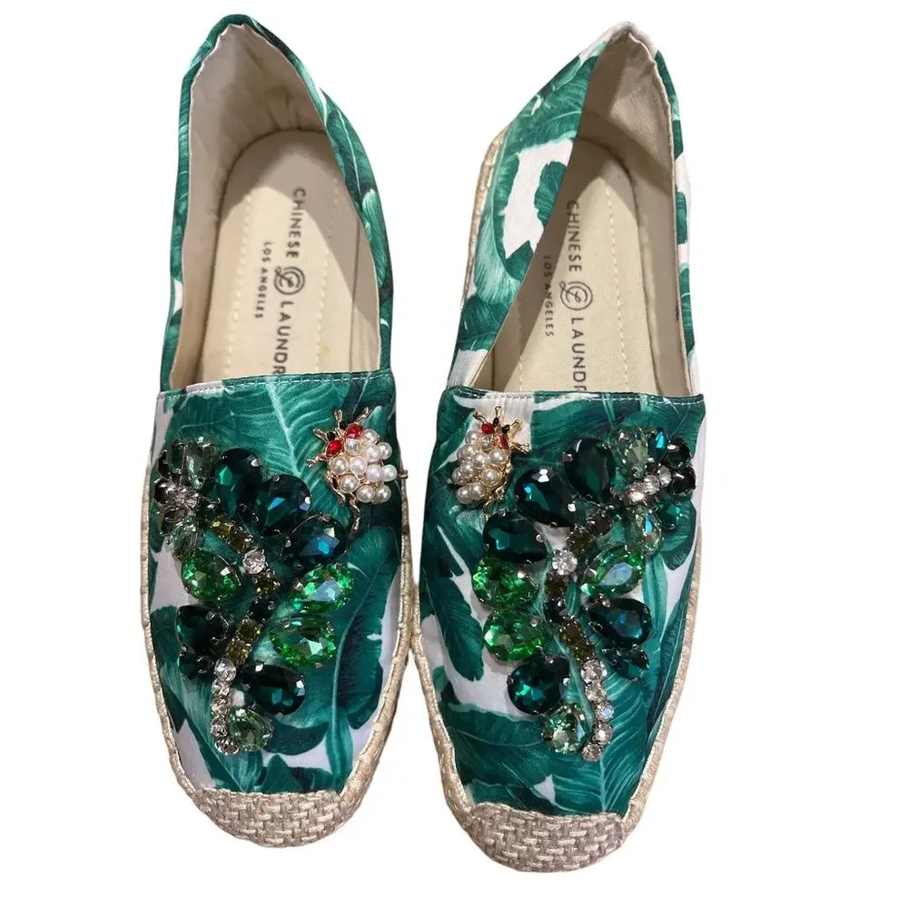 Chinese Laundry Blingy Slip On Espadrilles Sz 7 Green White Resort Tropical Tiki