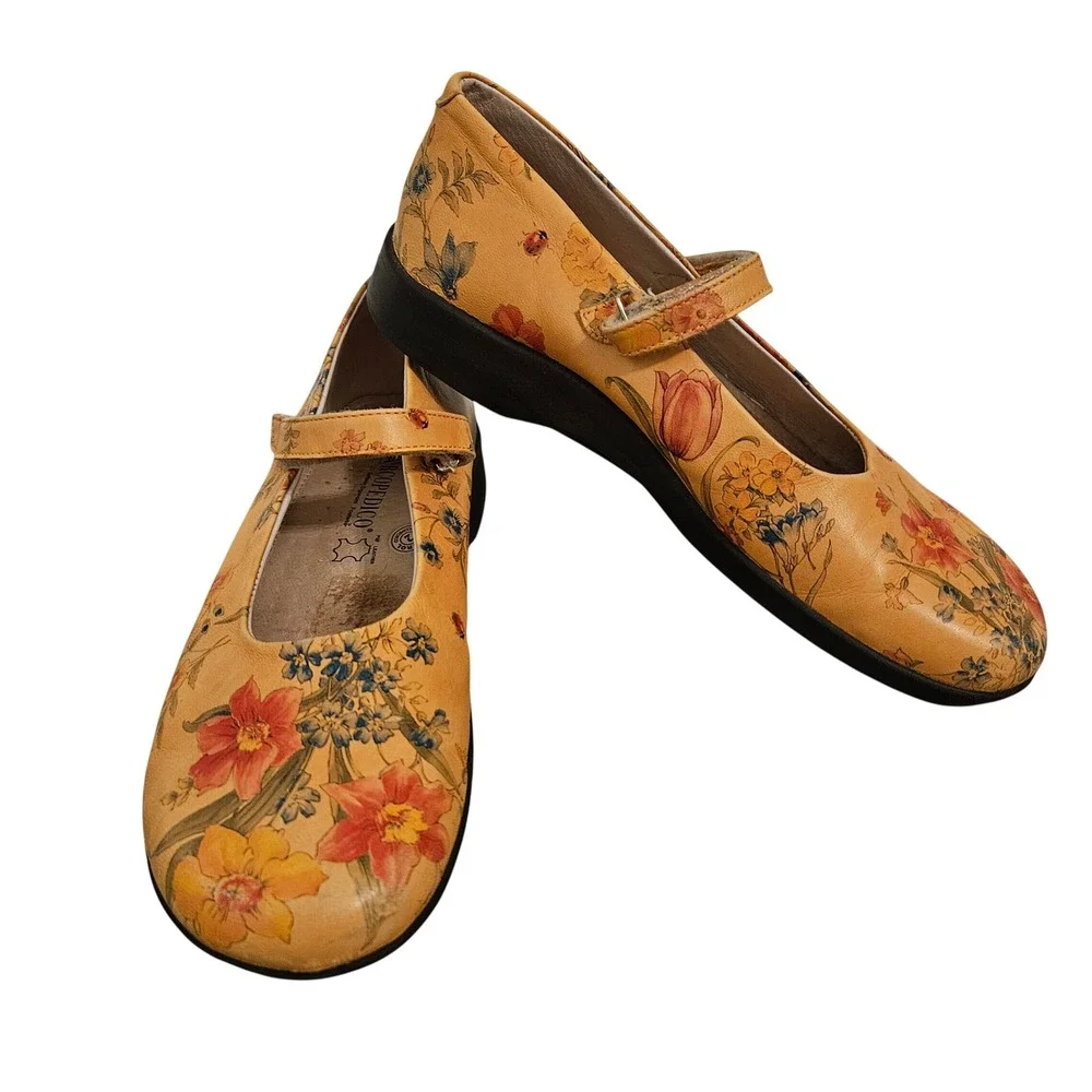 Arcopedico Floral Leather Mary Jane Flats Peach Botanical Ladybug Shoes 41 10
