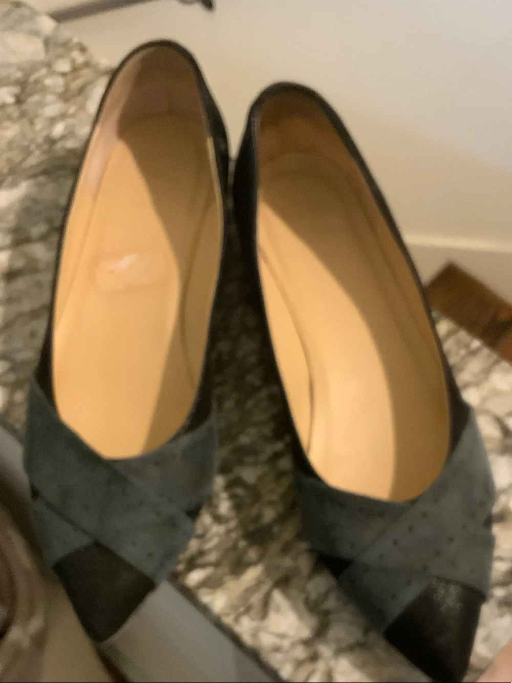 Amalfi Black Pointed-Toe Cross-Strap Flats with Dark Gray Suede