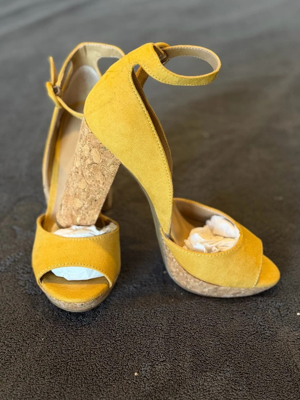 Sun + Stone Yellow Suede Cork Platform Heels