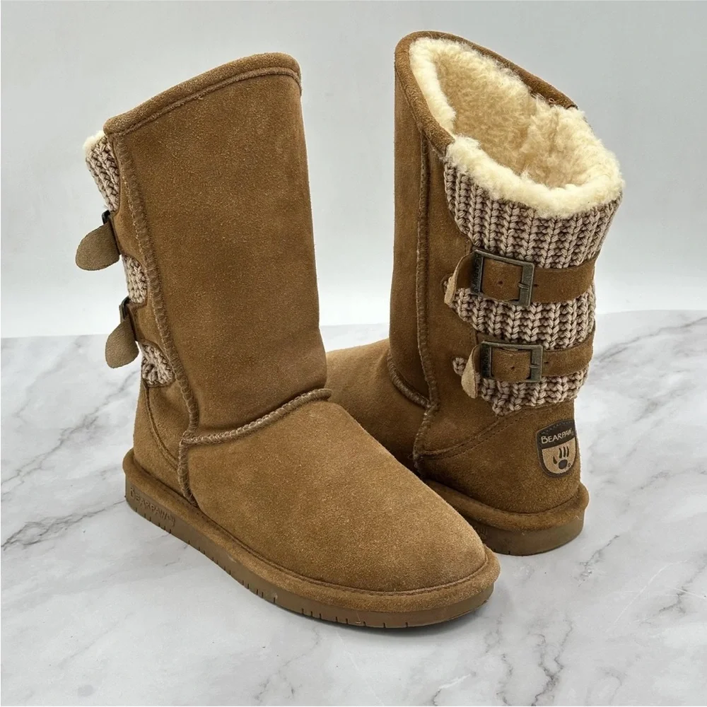 Bearpaw Boots Womens Size 6.5 Boshie Suede Knit Faux Fur Winter