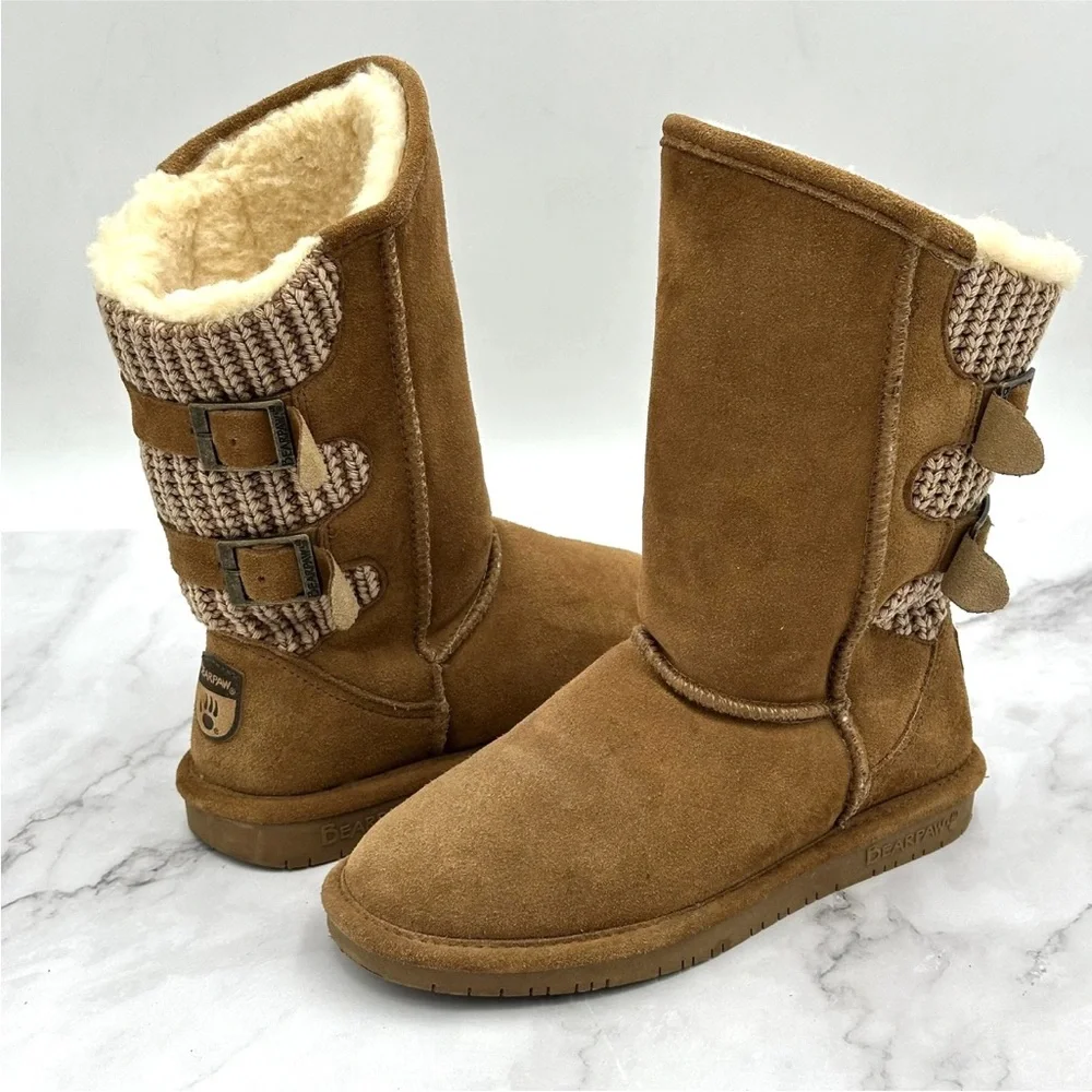 Bearpaw Boots Womens Size 6.5 Boshie Suede Knit Faux Fur Winter