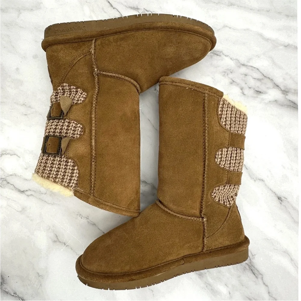 Bearpaw Boots Womens Size 6.5 Boshie Suede Knit Faux Fur Winter