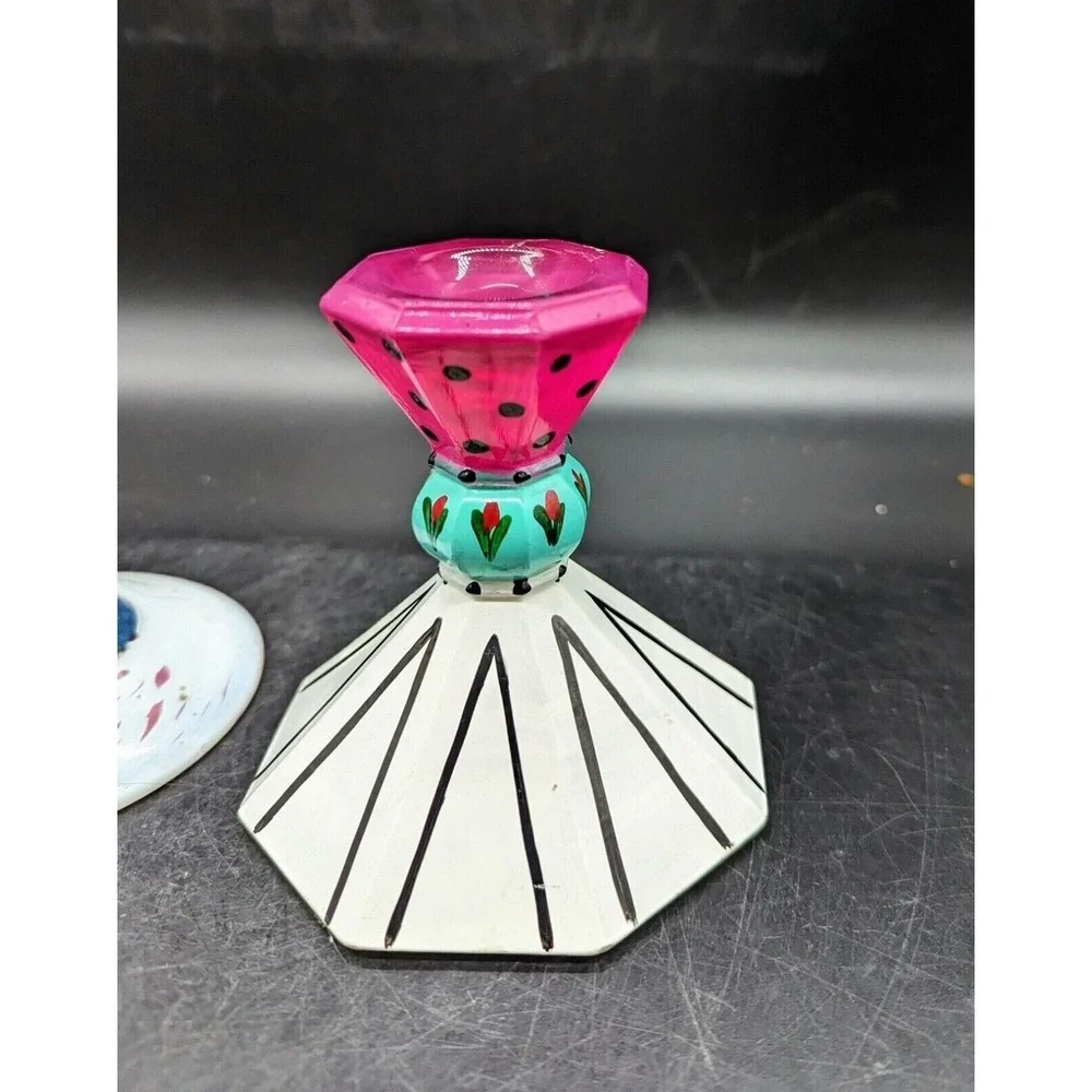 Vintage Hand Blown Art Glass Candle Holder Candlestick Signed White Pink
