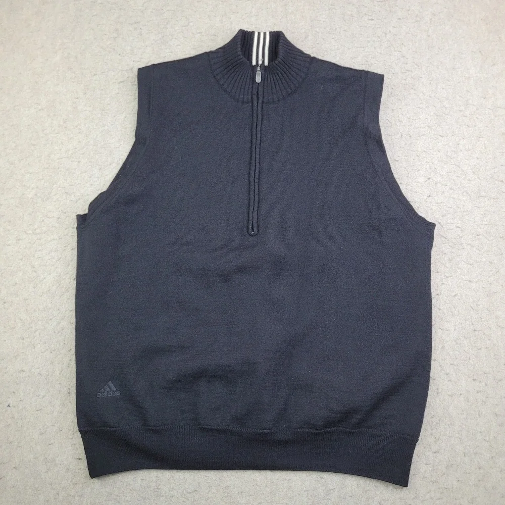 Adidas 1/4‎ Zip Golf Pullover Mens L Black 3 Stripe Sleeveless