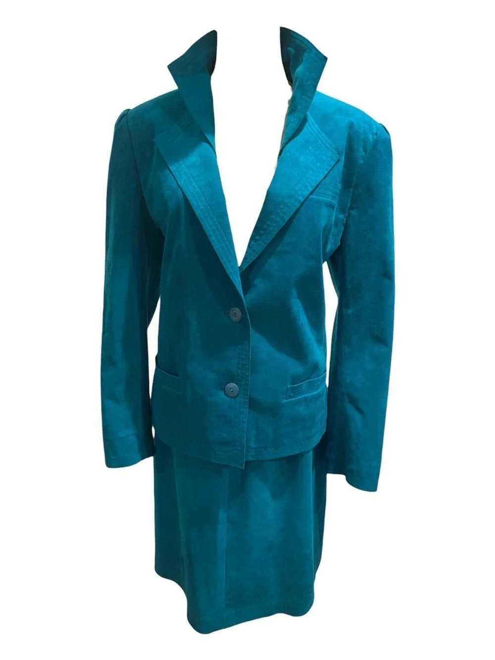 CHARLES KLEIN 2PC 90s ULTRA SUEDE TEAL RELAXED FIT DBL LAPEL BLAZER & SKIRT 12