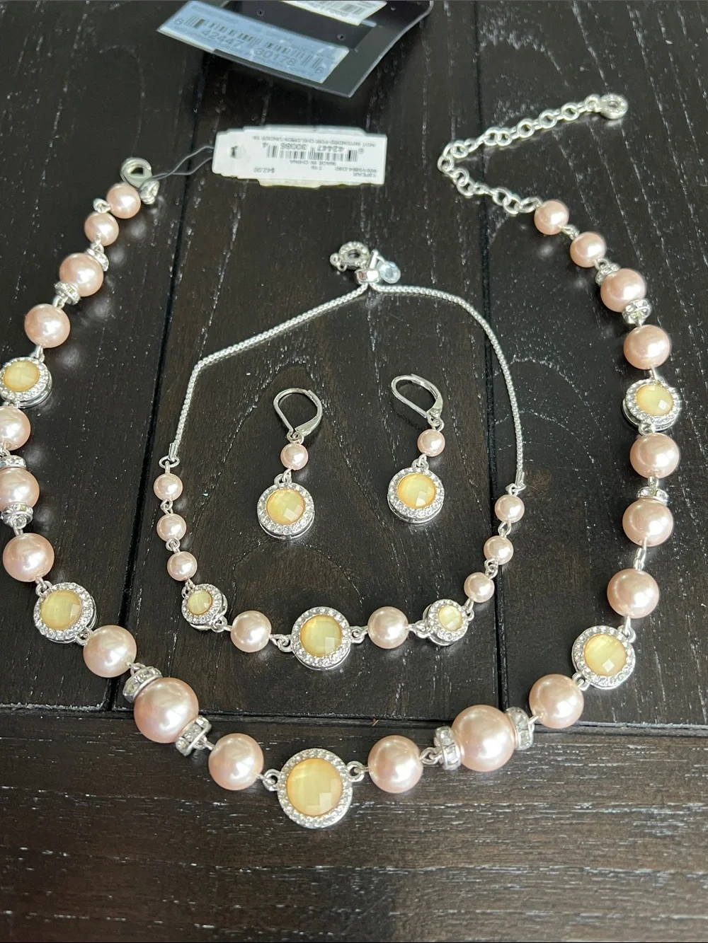 Anne Klein Pink Pearl Necklace, Bracelet & Earring Set with Yellow Accents