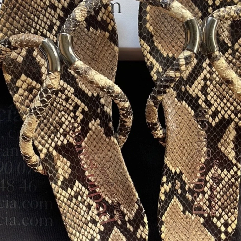 Pedro Garcia Snake-Print Tan and Black Slide Sandals
