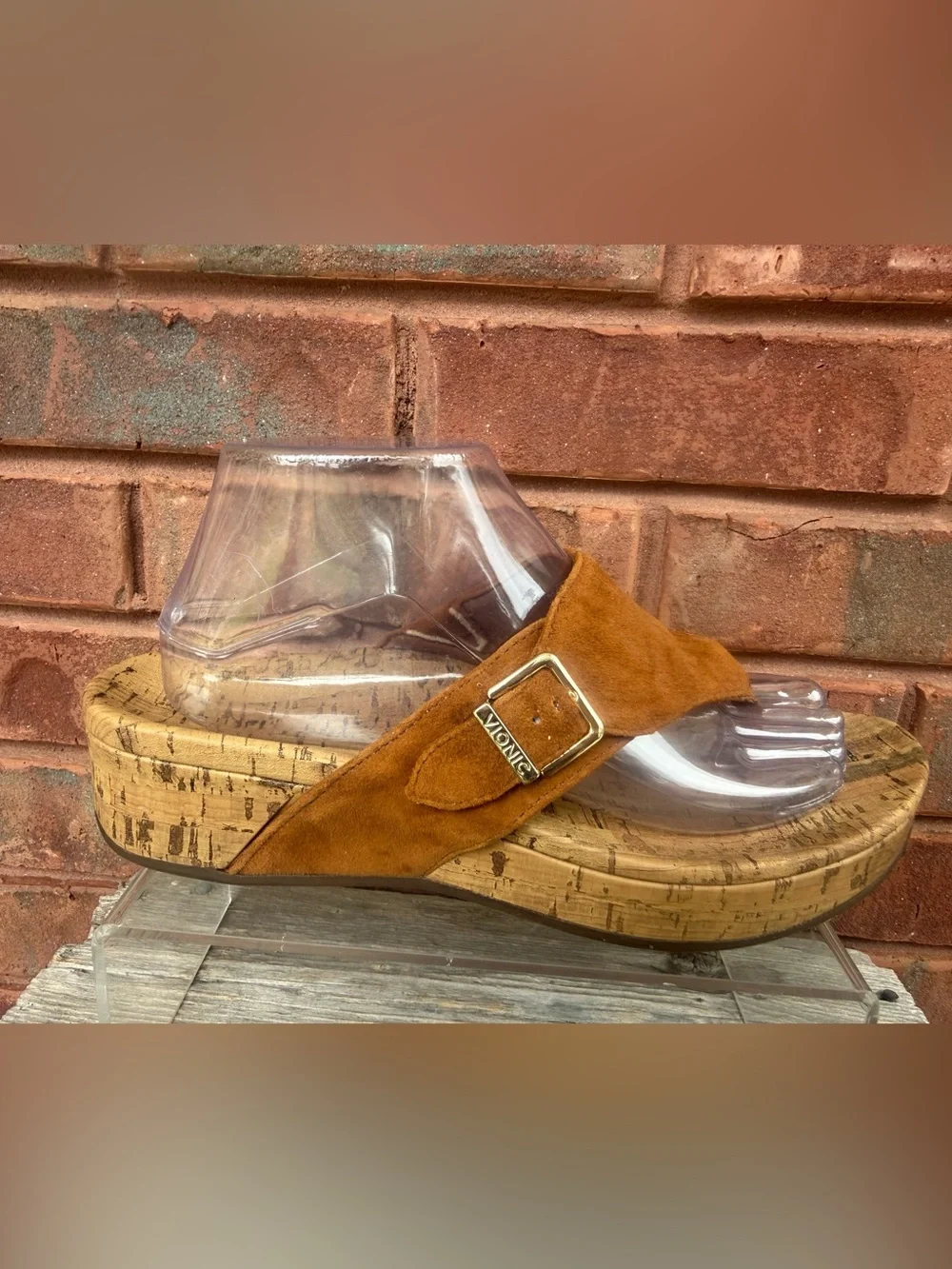 Vionic Marbella Brown Tan Suede Cork Wedge Platform Thong Sandals Women’s Sz 9