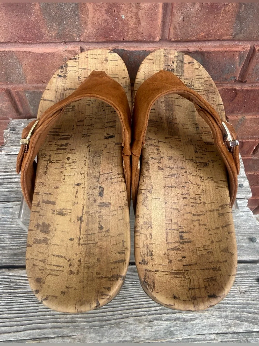Vionic Marbella Brown Tan Suede Cork Wedge Platform Thong Sandals Women’s Sz 9